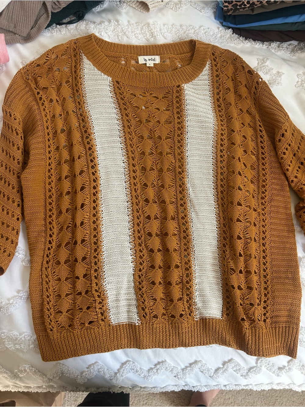 La Vieille Mustard Knit Openwork Sweater with Cream Panels Large